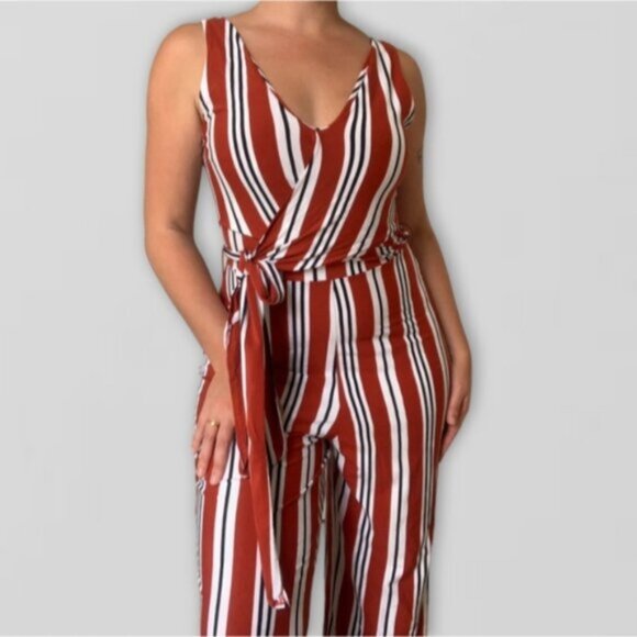 BERSHKA Europe Striped V neck Tie Waist Wide Leg Jumpsuit - Picture 12 of 16